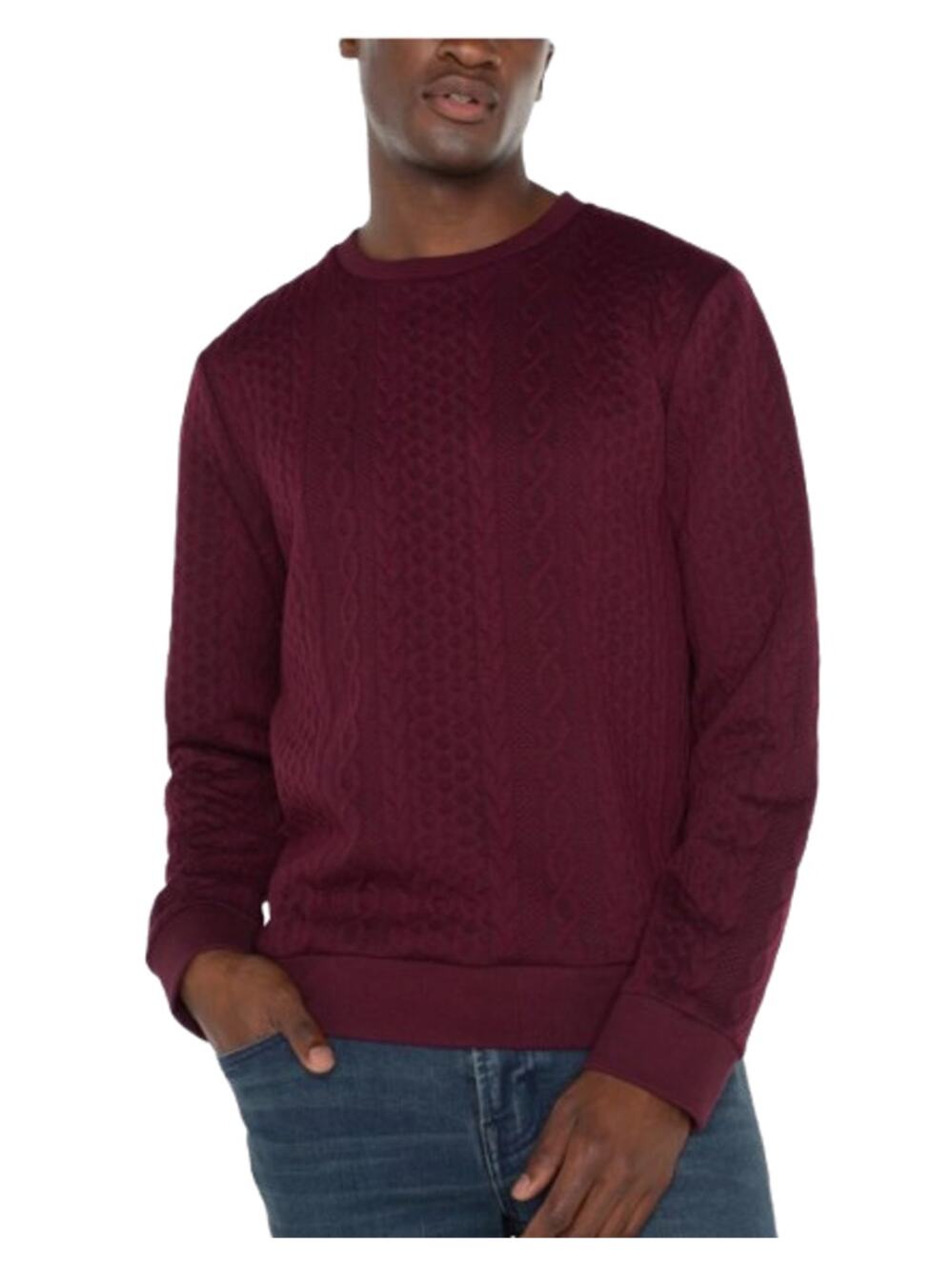 LIVERPOOL Men's Cable Knit Crew Neck Sweater Small Burgundy Red Jacquard NWT